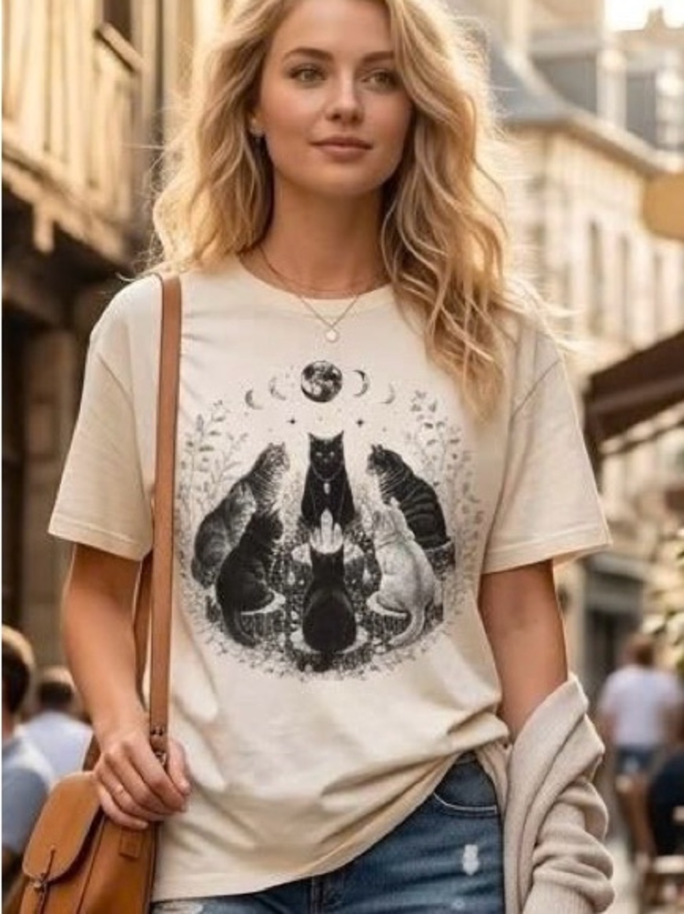Cat Coven Graphic Tee Witchy Celestial Moon Phases Cats Cream Beige T-Shirt